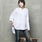 Pleat-collar Tab-sleeve Linen Blend Shirt