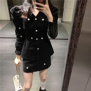 Puff-sleeve Corduroy Jacket / High-waist Skirt