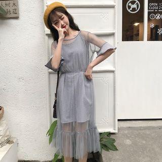 Mock Two-piece Checked Elbow-sleeve Midi Dress
