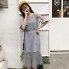 Mock Two-piece Checked Elbow-sleeve Midi Dress