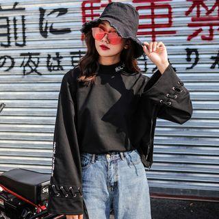 Lace-up Long-sleeve T-shirt Black - One Size