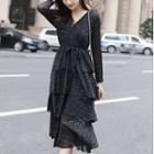 Long-sleeve V-neck Tiered Midi A-line Dress