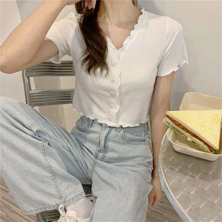 Plain Frill-hem Short-sleeve Knit Top