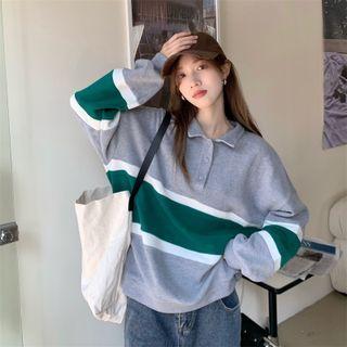 Color Block Polo Collar Sweatshirt