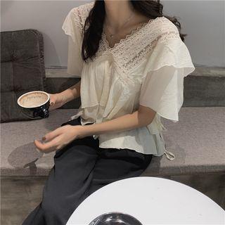 Elbow-sleeve Lace Paneled Top Light Almond - One Size