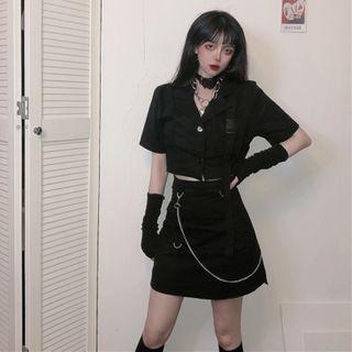 Lapel Collar Cropped Blazer / Mini Pencil Skirt