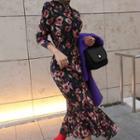 Floral Print V-neck Long-sleeve Midi A-line Dress