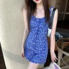 Spaghetti Strap Floral Print Mini Dress Purplish Blue - One Size