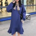 Mock Two Piece Plaid Panel Long Sleeve Dress Blue - One Size