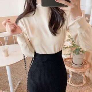 Mock-turtleneck Mesh Trim Sweater