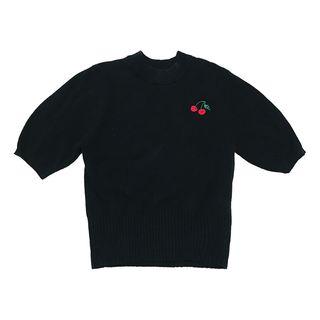 Mock Neck Cherry Embroidered Elbow Sleeve Knit Top