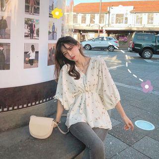 Balloon-sleeve V-neck Floral Print Blouse