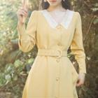 Long-sleeve Buttoned Buckled Midi A-line Dress