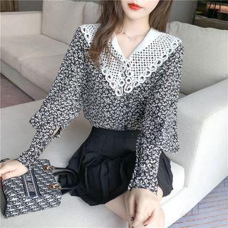 Lantern-sleeve Collared Floral Print Blouse