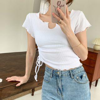 Drawstring Lettuce Edge Short-sleeve Top
