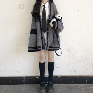 Contrast Trim Cardigan / Plain Shirt / Mini A-line Skirt