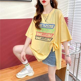 Elbow-sleeve Lettering Side-slit T-shirt