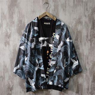 Elbow-sleeve Crane Print Jacket