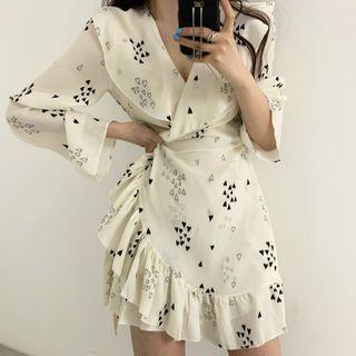 Long-sleeve Heart Print Ruffled A-line Dress