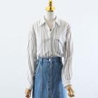 Striped Shirt / Denim Midi A-line Skirt