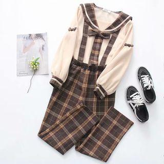 Sailor Collar Long-sleeve Top / Plaid Jumper Pants / Set