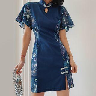 Short-sleeve Floral Print Panel Qipao