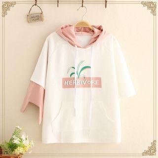 Ear-accent Hood Leaf Print Top