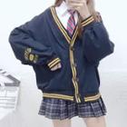 Lettering Embroidered Cardigan / Plain Shirt With Tie