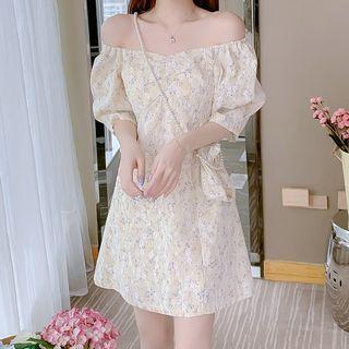 Set: Short-sleeve Floral Print Mini A-line Dress + Crossbody Bag