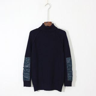 Faux Leather Panel Turtleneck Sweater