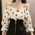 Heart Print Ruffle Cold Shoulder Chiffon Blouse