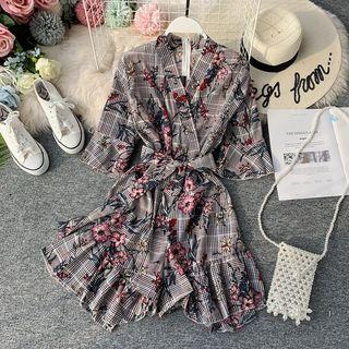Elbow-sleeve Floral Print Plaid Playsuit Gray - One Size