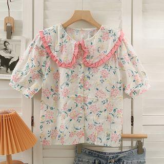Collar-details Printed Loose Shirt White - One Size