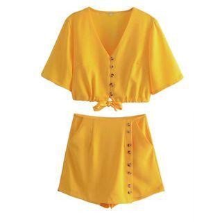 Set: Short-sleeve V-neck Button-up Crop Top + Skort