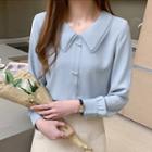 Long-sleeve Faux Pearl Lace Trim Chiffon Blouse
