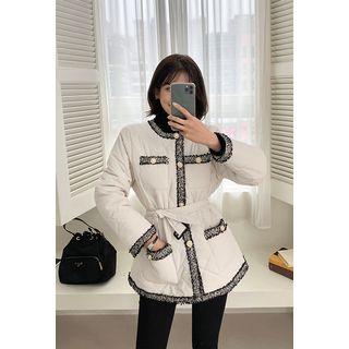 Tweed-trim Padded Jacket With Belt
