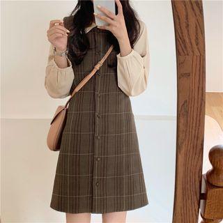 Plain Long-sleeve Blouse / Plaid Sleeveless Dress