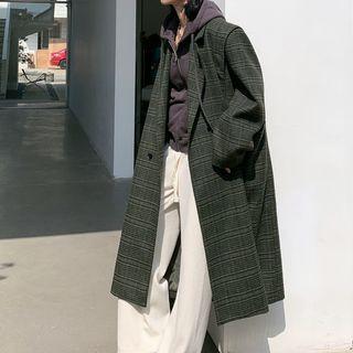 Double Breasted Gingham Woolen Coat Black, Army Green - One Size