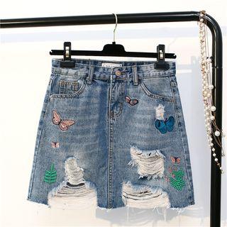 Distressed Embroidery Denim Skirt