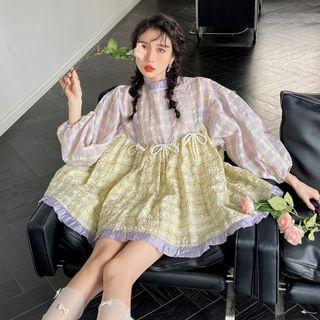 Color Block Plaid Mini A-line Dress Yellow - One Size