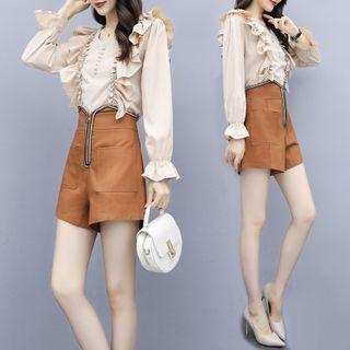 Set: Long-sleeve Ruffled Blouse + Shorts