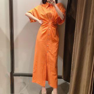 Elbow-sleeve Maxi Sheath Shirtdress