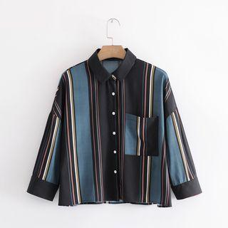 Long-sleeved Open-front Pocketed Striped Blouse