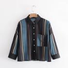 Long-sleeved Open-front Pocketed Striped Blouse