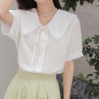 Puff-sleeve Mesh Ruffle Collar Shirt