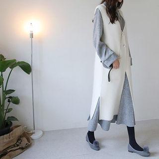 Faux-pearl Buttoned Wool Blend Long Vest