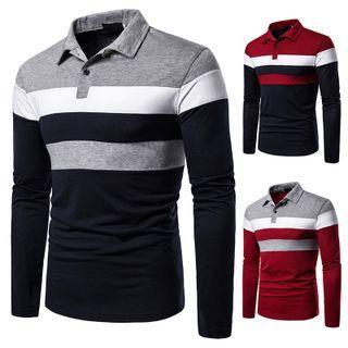 Long-sleeve Color Block Collared T-shirt