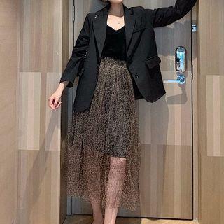 Set: Plain Blazer + Camisole + Leopard Print Skirt