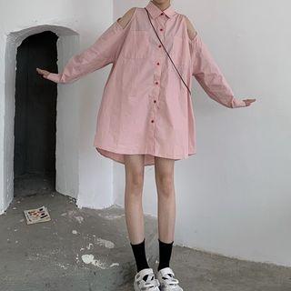 Shoulder Cut Out Shirt Dress Pink - One Size