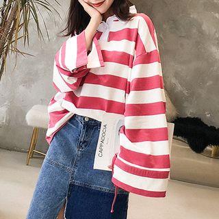 Bell-sleeve Striped Polo Shirt